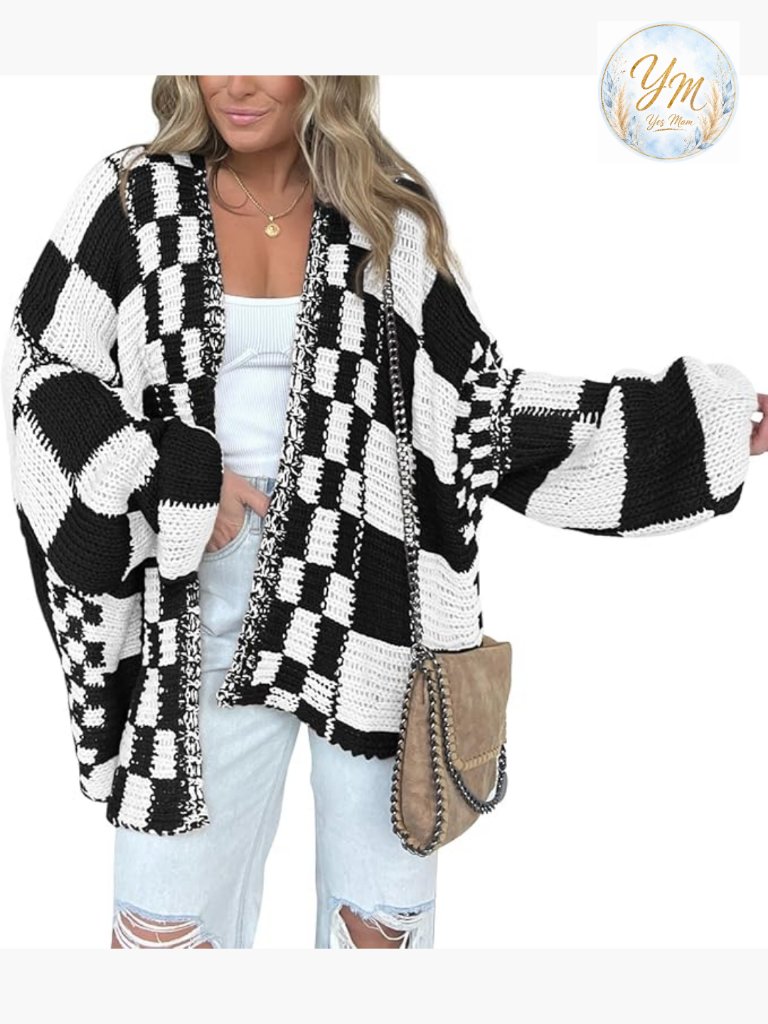 Checkered Open Front Chunky Knit Cardigan Sweater Long Sleeve V-Neck
